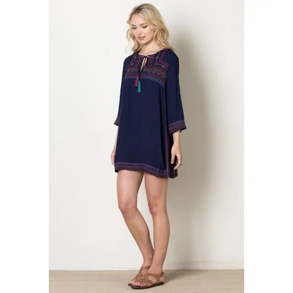 THML Embroidered Shift Dress, Navy - Picture 2 of 7